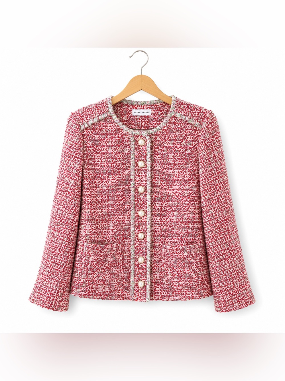Susan Graver Pink Tweed Jacket Large Pearl Button Preppy Career Blazer Classic